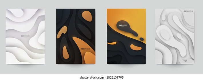 Set of minimal template in paper cut style design for branding, advertising with abstract shapes. Modern background for covers, invitations, posters, banners, flyers, placards. Vector illustration.