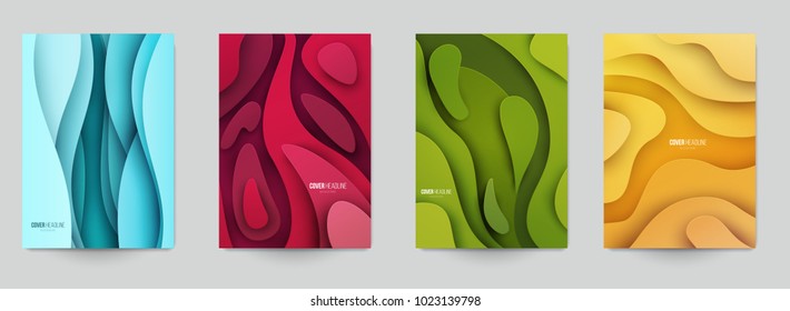 Set of minimal template in paper cut style design for branding, advertising with abstract shapes. Modern background for covers, invitations, posters, banners, flyers, placards. Vector illustration.