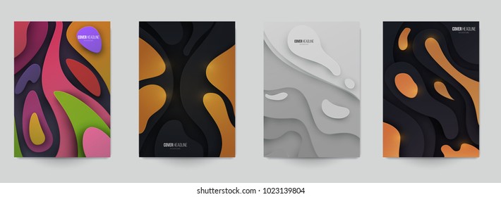 Set of minimal template in paper cut style design for branding, advertising with abstract shapes. Modern background for covers, invitations, posters, banners, flyers, placards. Vector illustration.