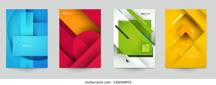 Set of minimal template in paper cut style design for branding, advertising with abstract shapes. Modern background for covers, invitations, posters, banners, flyers, placards. Vector illustration.