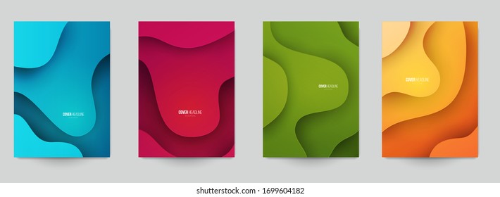 Conjunto de plantillas mínimas en el diseño de estilo de corte de papel para la marca, publicidad con formas abstractas. Fondo moderno para portadas, invitaciones, afiches, banners, volantes, carteles. Ilustración vectorial.