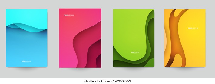 Set of minimal template in paper cut style design for branding, advertising with abstract shapes. Modern background for covers, invitations, posters, banners, flyers, placards. Vector illustration.