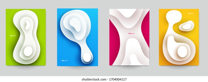 Set of minimal template in paper cut style design for branding, advertising with abstract shapes. Modern background for covers, invitations, posters, banners, flyers, placards. Vector illustration.