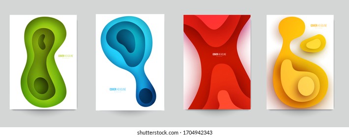 Set of minimal template in paper cut style design for branding, advertising with abstract shapes. Modern background for covers, invitations, posters, banners, flyers, placards. Vector illustration.