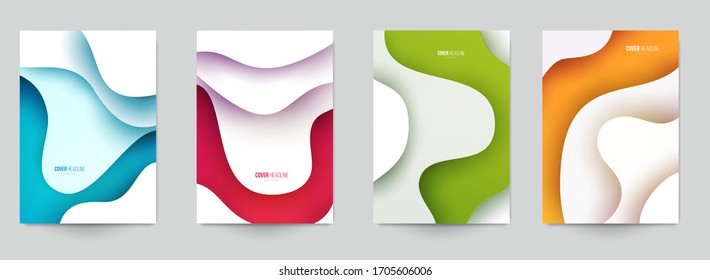 Set of minimal template in paper cut style design for branding, advertising with abstract shapes. Modern background for covers, invitations, posters, banners, flyers, placards. Vector illustration.