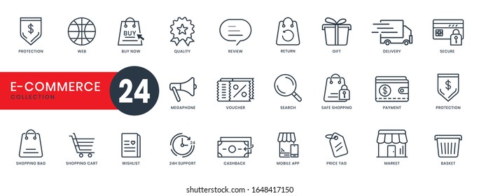 set of minimal thin line web icons. E-commerce, online shopping, delivery trucks, baskets, shopping cart, price tags. Vector illustration element.