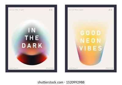 Set of minimal universal futuristic posters for music party with gradient vivid colorful blurry spots. Cover for DJ party invitation, art exhibition event, club flyer.