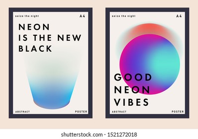 Set of minimal universal futuristic posters for music party with gradient vivid colorful blurry spots. Cover for DJ party invitation, art exhibition event, club flyer.