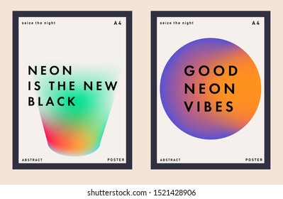 Set of minimal universal futuristic posters for music party with gradient vivid colorful blurry spots. Cover for DJ party invitation, art exhibition event, club flyer.