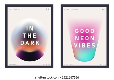 Set of minimal universal futuristic posters for music party with gradient vivid colorful blurry spots. Cover for DJ party invitation, art exhibition event, club flyer.