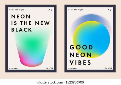 Set of minimal universal futuristic posters for music party with gradient vivid colorful blurry spots. Cover for DJ party invitation, art exhibition event, club flyer.