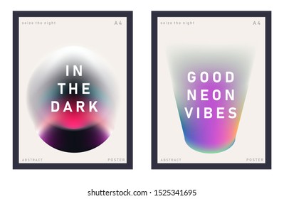 Set of minimal universal futuristic posters for music party with gradient vivid colorful blurry spots. Cover for DJ party invitation, art exhibition event, club flyer.