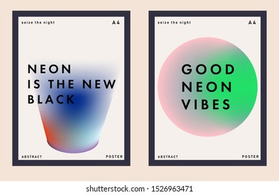 Set of minimal universal futuristic posters for music party with gradient vivid colorful blurry spots. Cover for DJ party invitation, art exhibition event, club flyer.