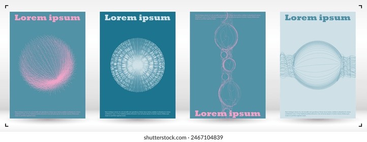 Set of Minimal Vector Banner Design with Circles and Wave Lines. Abstract Background with Swirl Lines. Good for Brand Identity or Music Fest Invitation. Bauhaus Style. Gentle Retro Pink Blue
