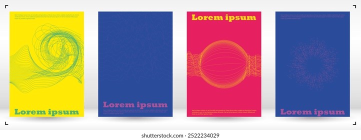 Conjunto de design de banner de vetor mínimo com círculos e linhas de onda. Plano de fundo moderno com linhas geométricas. Bom para modelo de negócios ou folheto de concerto. Estilo Futurista. Azul, Amarelo, Rosa.