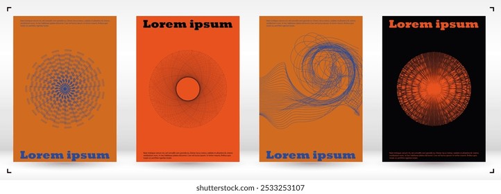Set of Minimal Vector Brochure Design with Circles and Wave Lines. Abstract Background with Optical Illusion. Good for Brand Identity or Music Fest Invitation. Simple Style. Gentle Retro Pink Blue