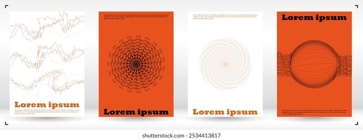 Conjunto de design de folheto de vetor mínimo com círculos e linhas de onda. Plano de fundo moderno com linhas geométricas. Bom para modelo de negócios ou cartão de vida noturna. Estilo digital. Cores Quentes.