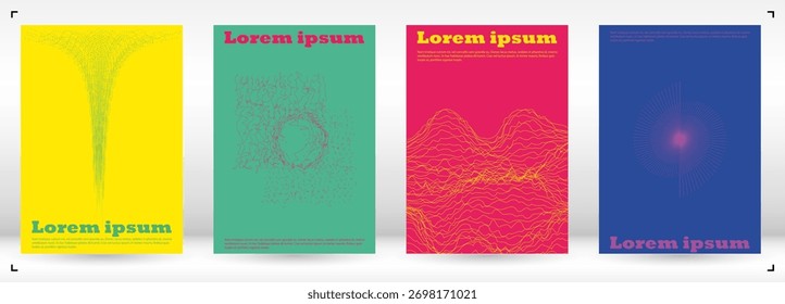 Set of Minimal Vector Brochure Design with Circles and Wave Lines. Digital Background with Optical Illusion. Good for Business Template or Concert Brochure. Vintage Style.