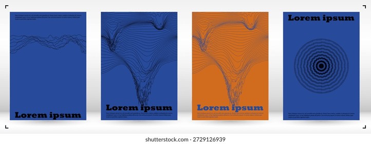 Conjunto de design de folheto de vetor mínimo com círculos e linhas de onda. Fundo Digital com Ilusão Ótica. Bom para modelo de negócios ou cartão de vida noturna. Estilo Geométrico.