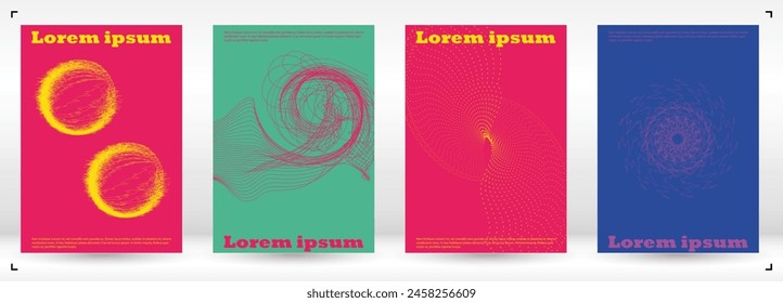 Conjunto de Diseño de Cubierta de Vector Mínimo con Círculos y Líneas de Onda. Fondo Abstractas con líneas de remolino. Bueno para la identidad de marca o invitación al festival de música. Estilo Antiguas. Azul, Amarillo, Rosa.
