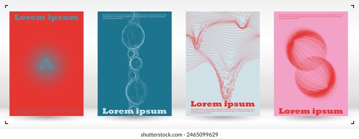 Set aus Minimal Vektorgrafik Cover Design mit Circles und Wave Lines. Minimalistischer Hintergrund mit Bewegungslinien. Gut für Business Vorlage oder Konzertbroschüre. Geometrischer Stil. Sanftes Retro-Rosa Blau