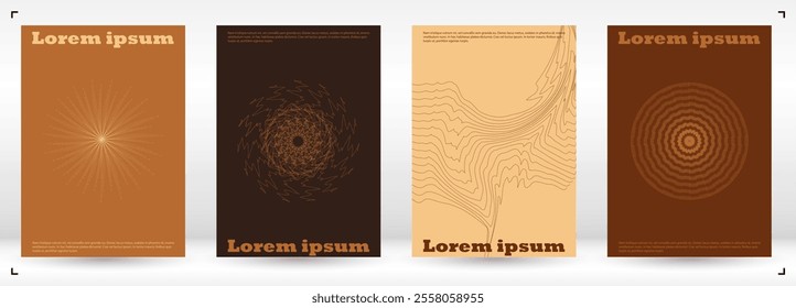 Set of Minimal Vector Cover Design with Circles and Wave Lines. Abstract Background with Optical Illusion. Good for Business Identity or Music Fest Poster. Swiss Style. Brawn Warm Colors.