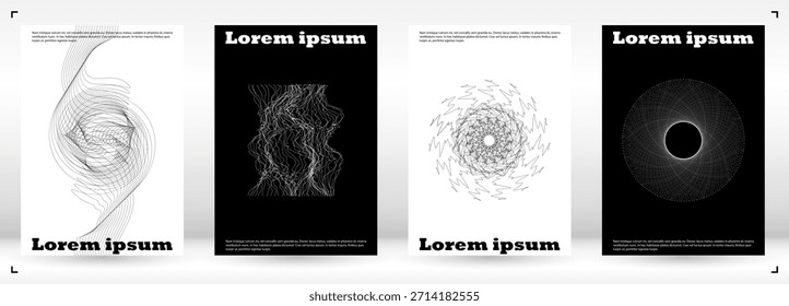 Set von Minimal Vektor Flyer Design mit Kreisen und Wellenlinien. Minimalistischer Hintergrund mit Bewegungslinien. Gut für Business Template oder Konzert Broschüre. Digitaler Stil.