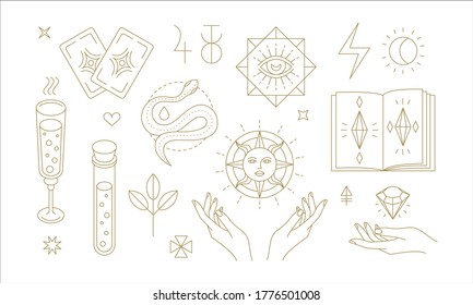 Set of minimal vector illustrations of elegant golden mystic symbols and esoteric ornaments drawn with thin lines for magician shop