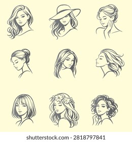 Set of minimal vector line art illustrations featuring diverse women portraits, hairstyles, and female faces