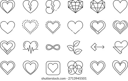 Conjunto de iconos de corazón de línea de Vector mínimo. Colección de símbolos de amor, signo del infinito, corazón roto y Formas geométricas para el diseño del Día de San Valentín.