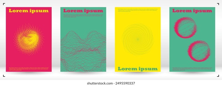 Set of Minimal Vector Magazine Design with Circles and Wave Lines. Modern Background with Geometry Lines. Good for Business Identity or Music Fest Poster. Vintage Style. Blue, Yellow, Pink.