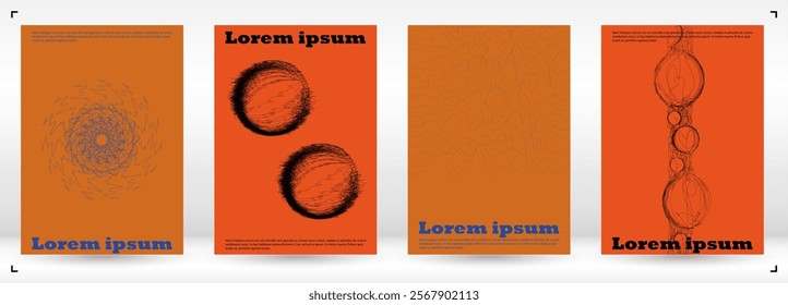 Set of Minimal Vector Magazine Design with Circles and Wave Lines. Minimalistic Background with Motion Lines. Good for Business Template or Concert Brochure. Vintage Style. Brawn Warm Colors.