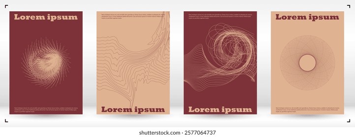 Set of Minimal Vector Magazine Design with Circles and Wave Lines. Modern Background with Geometry Lines. Good for Business Identity or Music Fest Poster. Digital Style. Brawn Warm Colors.