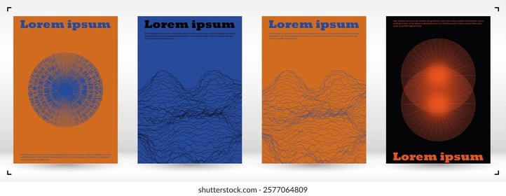 Set of Minimal Vector Magazine Design with Circles and Wave Lines. Abstract Background with Optical Illusion. Good for Business Identity or Music Fest Poster. Minimalism Style. Blue, Yellow, Pink.