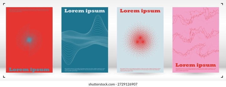 Conjunto de diseño de revista de Vector mínimo con círculos y líneas de onda. Fondo digital con ilusión óptica. Bueno para la identidad empresarial o cartel del festival de música. Estilo simple.