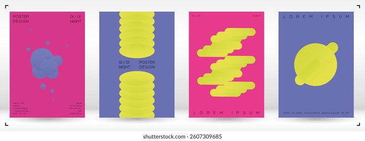 Set of Minimal Vector Magazine Designs with Gradient Circles and Lines. Minimalistic Background with Motion Lines. Ideal for Business Template or Nightlife Placard. Flat Style