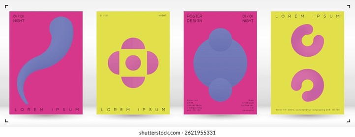 Set of Minimal Vector Magazine Designs with Gradient Circles and Lines. Minimalistic Background with Motion Lines. Ideal for Business Template or Nightlife Placard. Futuristic Style