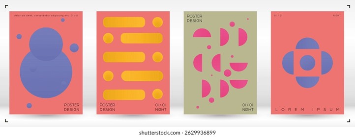 Set of Minimal Vector Magazine Designs with Gradient Circles and Lines. Minimalistic Background with Motion Lines. Ideal for Brand Identity or Music Festival Invitation. Swiss Style