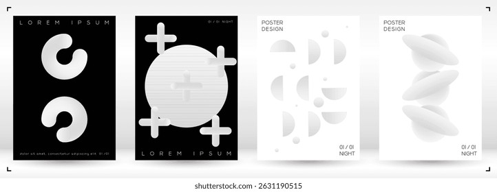 Set of Minimal Vector Magazine Designs with Gradient Circles and Lines. Minimalistic Background with Motion Lines. Ideal for Business Template or Concert Brochure. Swiss Style