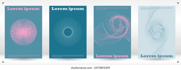 Set of Minimal Vector Page Design with Circles and Wave Lines. Abstract Background with Optical Illusion. Good for Business Identity or Music Fest Poster. Digital Style. Gentle Retro Pink Blue