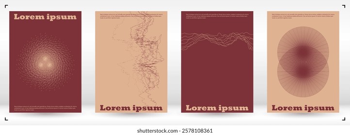 Set of Minimal Vector Page Design with Circles and Wave Lines. Abstract Background with Optical Illusion. Good for Brand Identity or Music Fest Invitation. Geometric Style. Rose, Pink Colors.