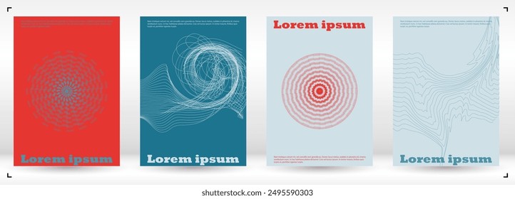 Set of Minimal Vector Placard Design with Circles and Wave Lines. Abstract Background with Swirl Lines. Good for Brand Identity or Music Fest Invitation. Trendy Style. Gentle Retro Pink Blue