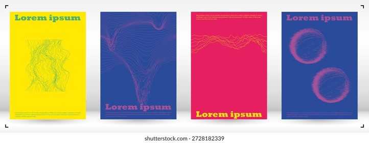Conjunto de design de placa de vetor mínimo com círculos e linhas de onda. Plano de fundo moderno com linhas geométricas. Bom para identidade de negócios ou cartaz do festival de música. Estilo Hipster.
