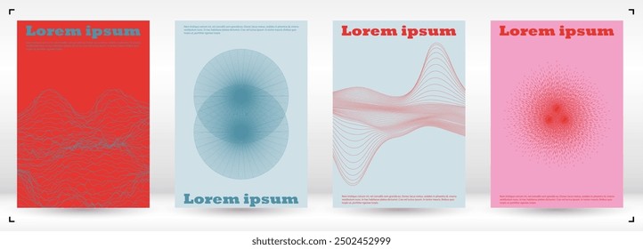 Set of Minimal Vector Poster Design with Circles and Wave Lines. Minimalistic Background with Motion Lines. Good for Business Template or Concert Brochure. Digital Style. Gentle Retro Pink Blue