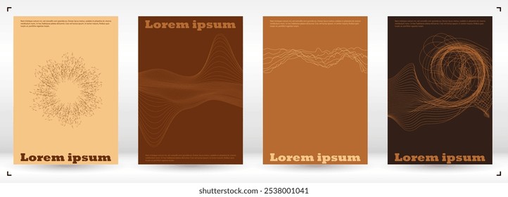 Set of Minimal Vector Poster Design with Circles and Wave Lines. Minimalistic Background with Motion Lines. Good for Brand Identity or Music Fest Invitation. Simple Style. Blue, Yellow, Pink.