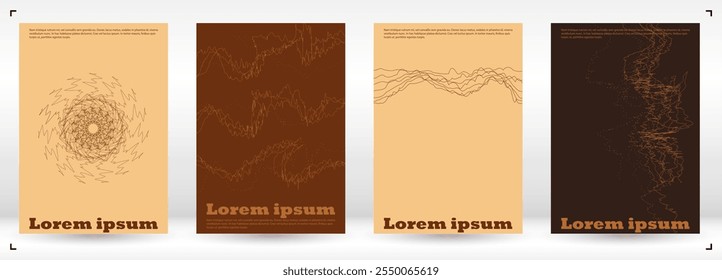 Set of Minimal Vector Poster Design with Circles and Wave Lines. Abstract Background with Optical Illusion. Good for Business Template or Nightlife Placard. Flat Style. Brawn Warm Colors.