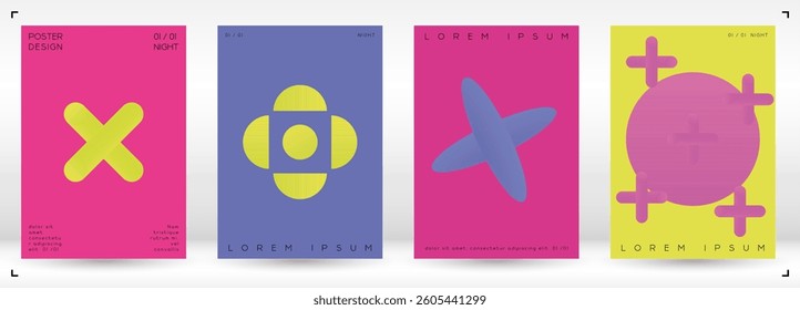Set of Minimal Vector Poster Designs with Gradient Circles and Lines. Abstract Background with Swirl Lines. Ideal for Business Identity or Music Festival Poster. Swiss Style
