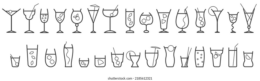 Set of minimal vector silhouettes drink cocktail or alcohol isolated on white background. Collection outline symbols various shapes. Design simple illustration different  food glasses.