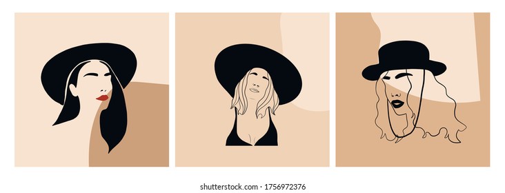 Set of minimal vector templates with linear woman in hat. Minimal portrait. Head fashionable accessory. One line continuous. Beauty and glamour concept. Cap headgears for lady. 