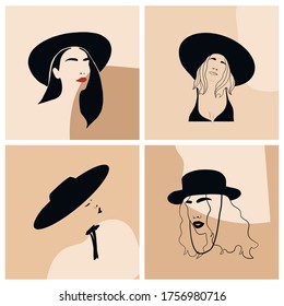 Set of minimal vector templates with linear woman in hat. Minimal portrait. Head fashionable accessory. One line continuous. Beauty and glamour concept. Cap headgears for lady. 